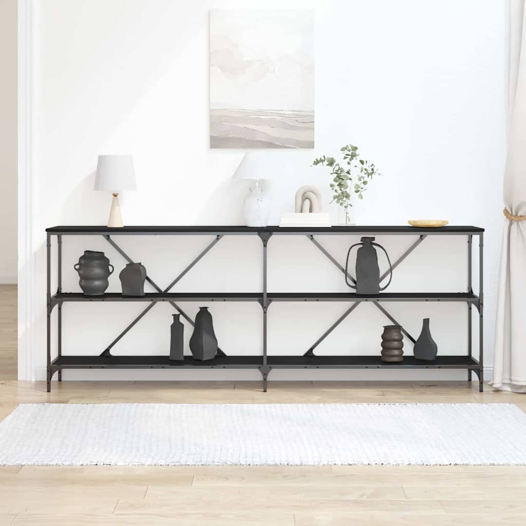 Konsolbord med hylde Sort eg 200 x 30 x 75 cm Konstrueret træ