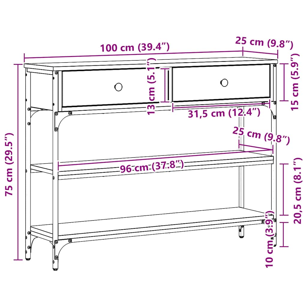 Konsolbord med skuffe Sort eg 100 x 25 x 75 cm Konstrueret træ