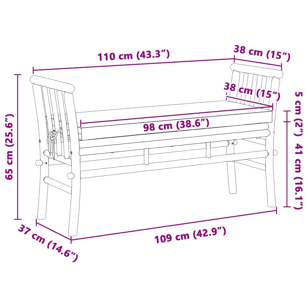 Havebænk 2 -Seater 110 x 38 x 65cm Bambus Brun Rektangulær