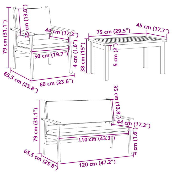 Havesofa Sæt 4 pcs Brun 120 x 65,5 x 79 cm Massivt Akacietræ
