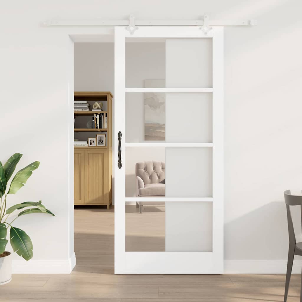 Skydedør 93 x 211 cm Massivt fyrretræ og glas Hvid