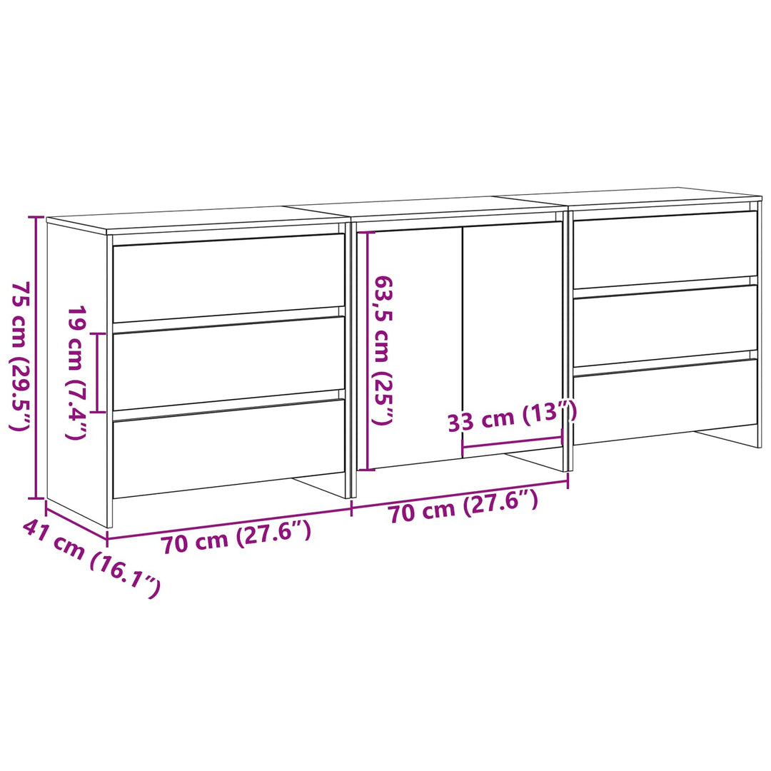 Sideboard med skuffe 3 pcs Sort 70 x 41 x 75 cm Konstrueret træ