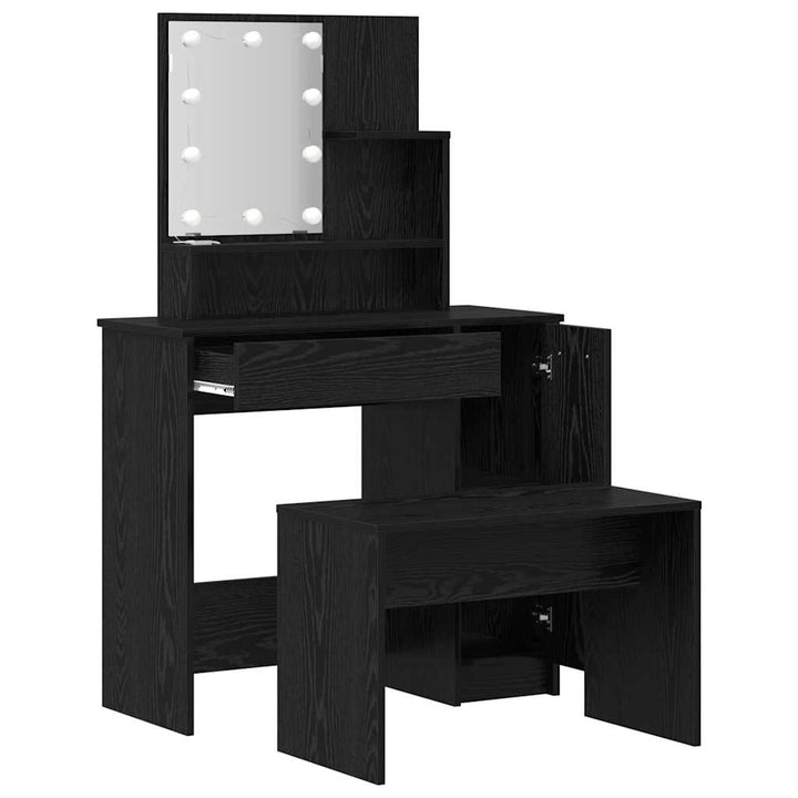 LED Smykkebord Set med spejllys 2 pcs Sort eg Konstrueret træ