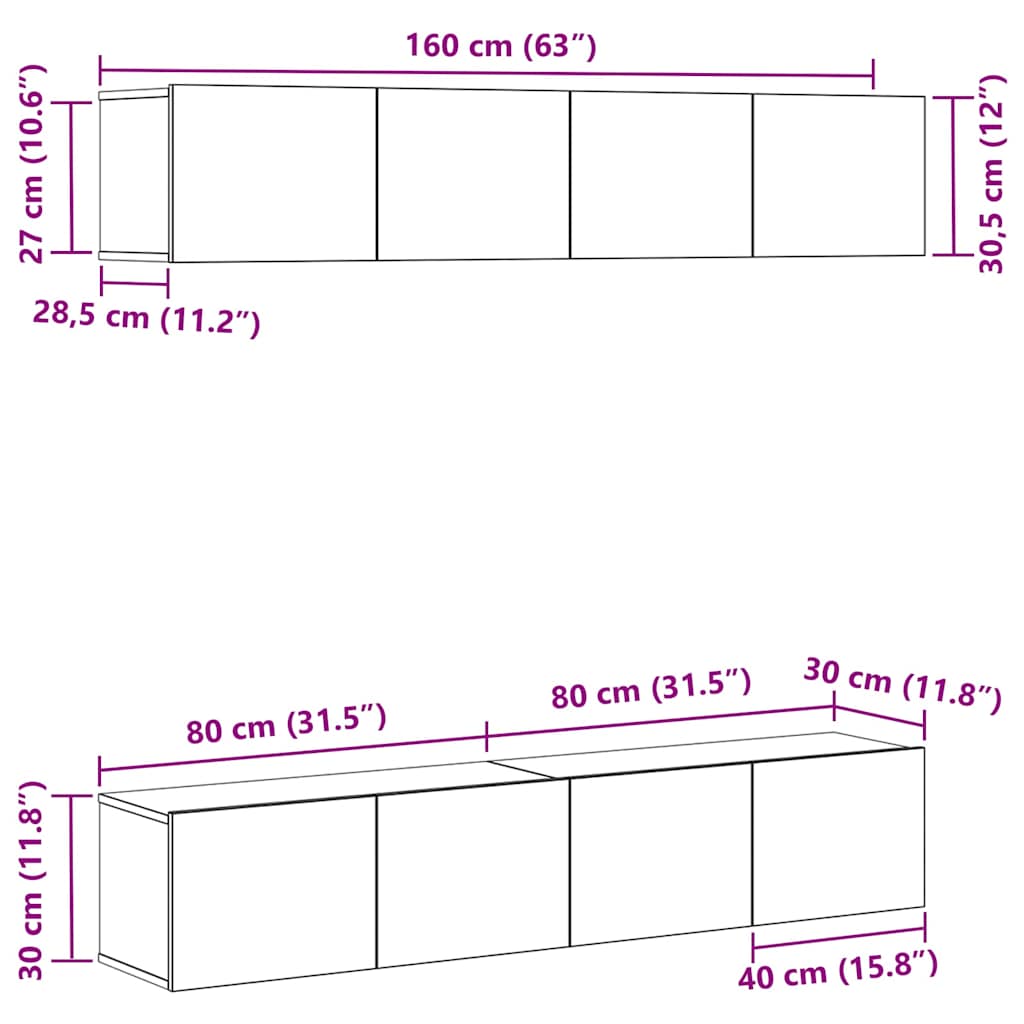 TV-møbelsæt 4 pcs Sort eg 80 x 30 x 30 cm Konstrueret træ