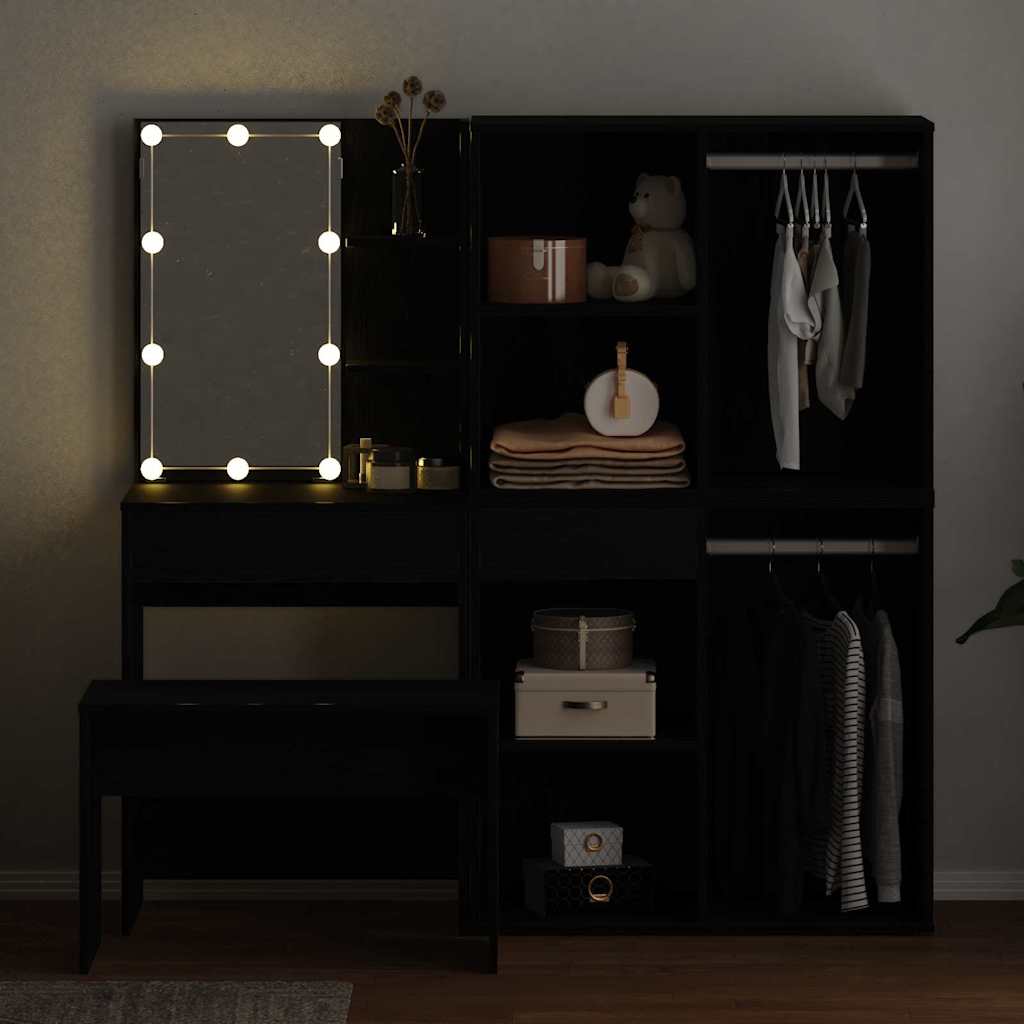 Makeupbord sæt med LED med hylde 4 stk. Sort eg Konstrueret træ
