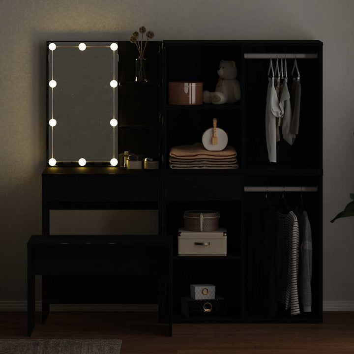 Makeupbord sæt med LED med hylde 4 stk. Sort eg Konstrueret træ
