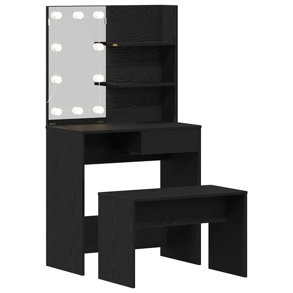 LED Smykkebord Set med spejllys 2 pcs Sort eg Konstrueret træ