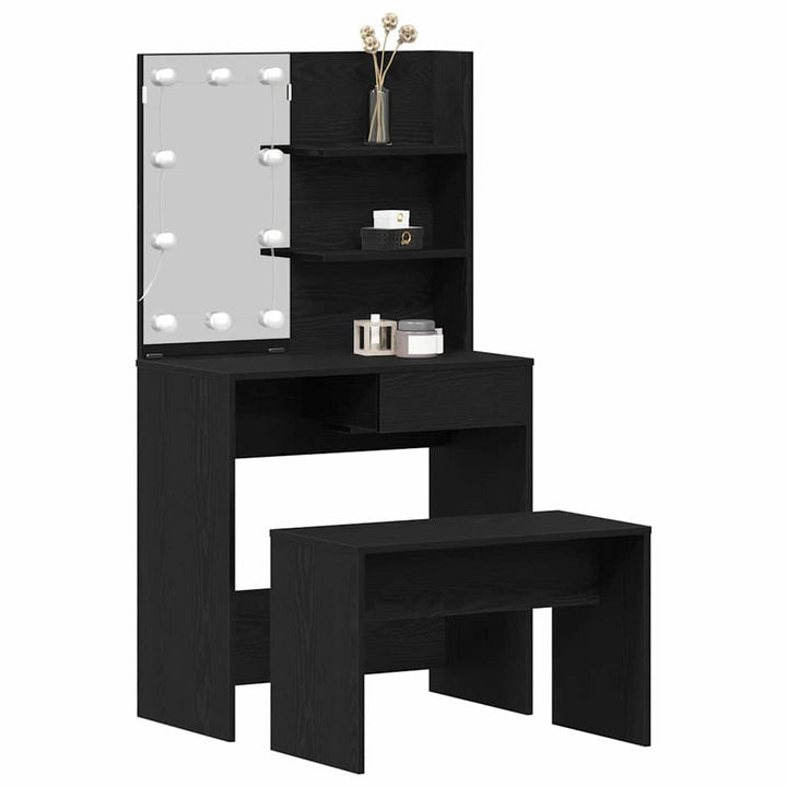 LED Smykkebord Set med spejllys 2 pcs Sort eg Konstrueret træ