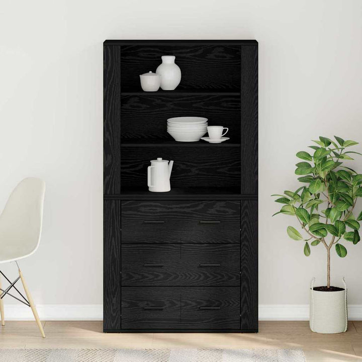 Highboard med skuffe Sort eg 80 x 33 x 150 cm Konstrueret træ