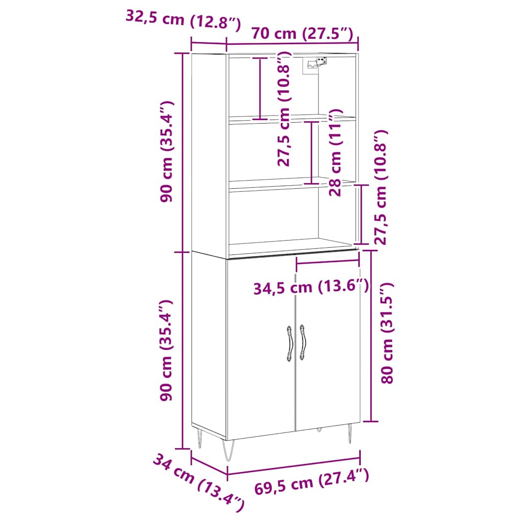 Highboard 2 pcs Sort eg 69,5 x 34 x 180 cm Konstrueret træ