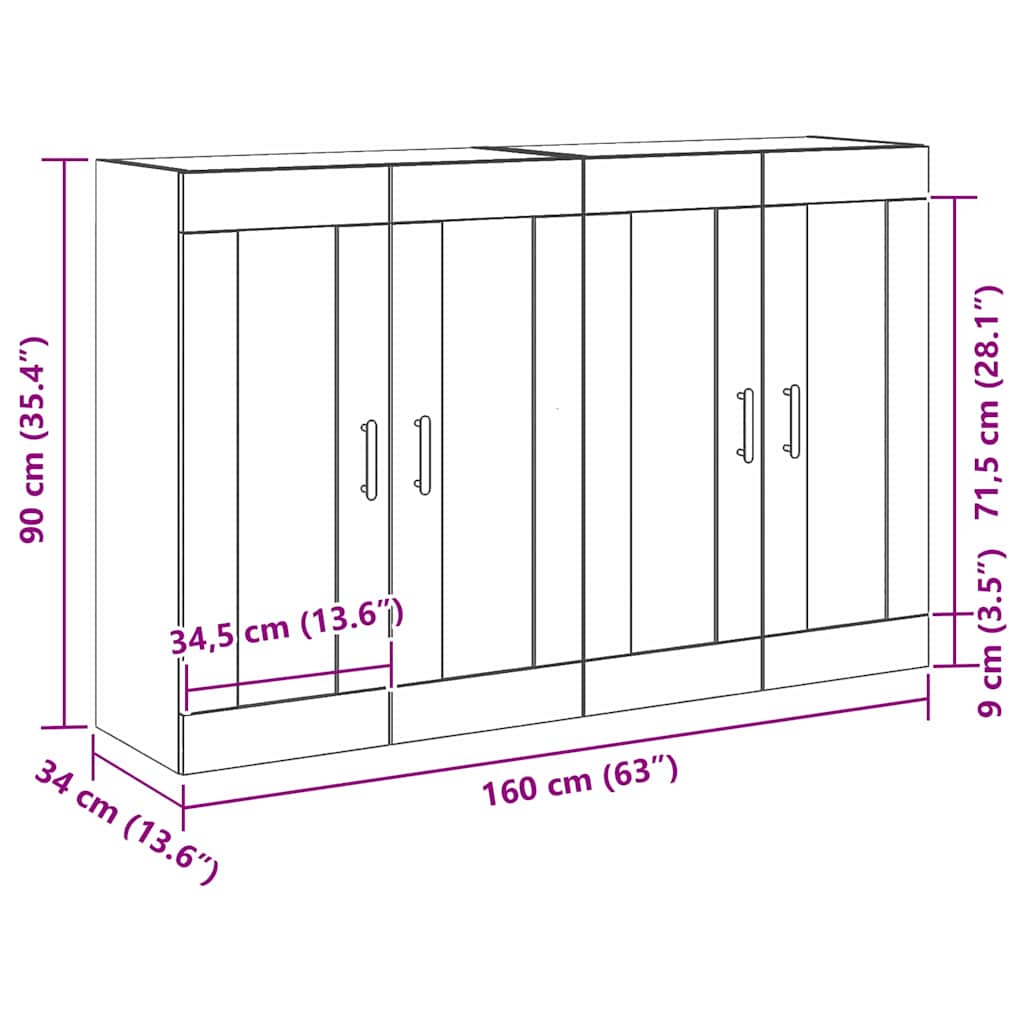Væghængt skab 2 pcs Sort eg 69,5 x 34 x 90 cm Konstrueret træ