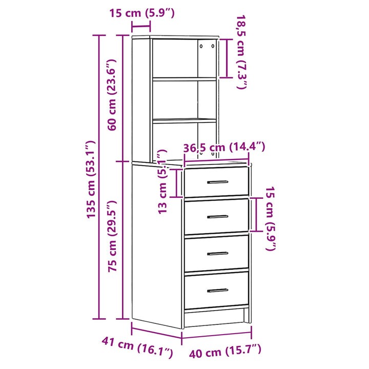 Highboard med skuffe Røget eg 40 x 41 x 135 cm Konstrueret træ