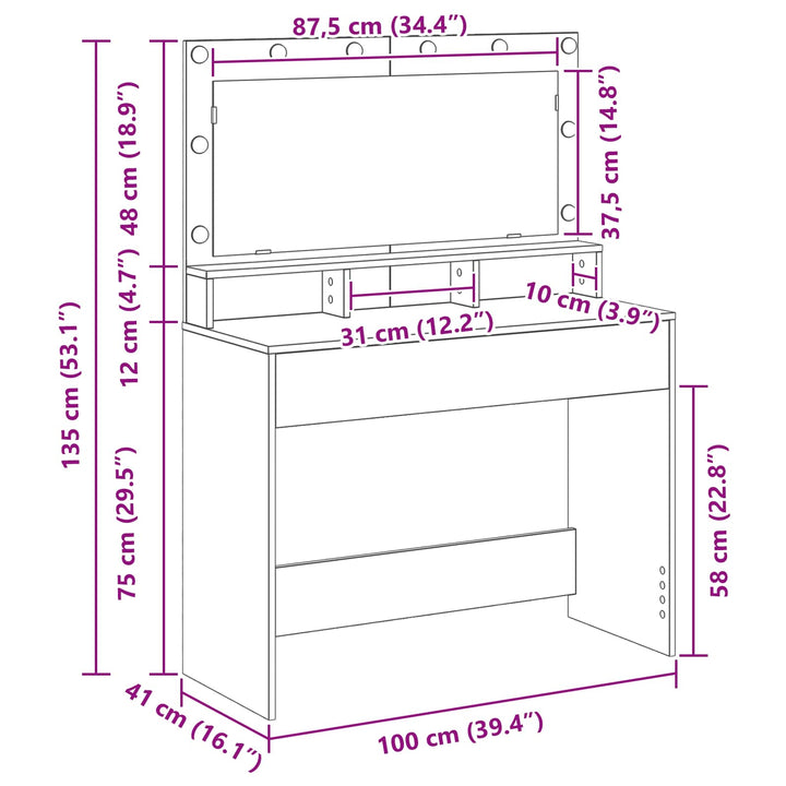 Klædeskab med spejllys Hvid 100 x 41 x 135 cm Konstrueret træ