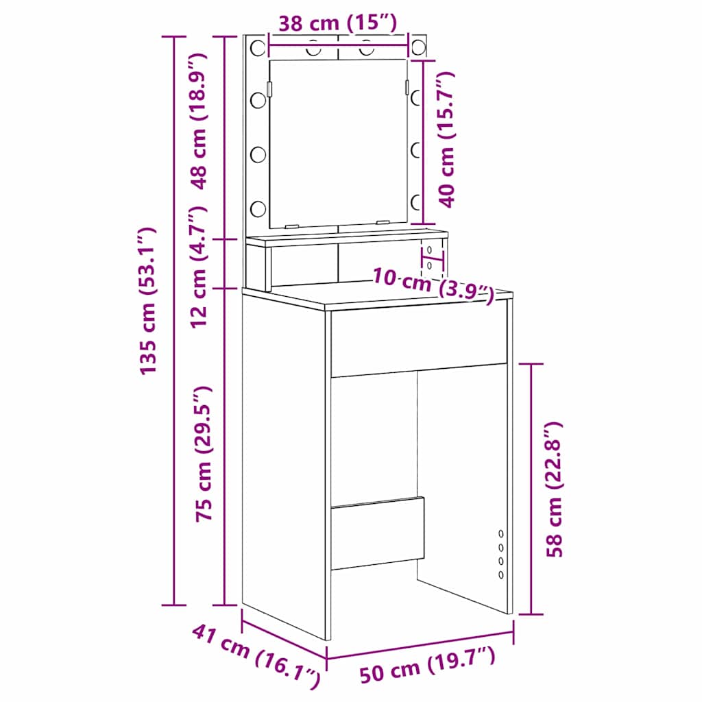 Klædeskab med spejllys Sort eg 50 x 41 x 135 cm Konstrueret træ