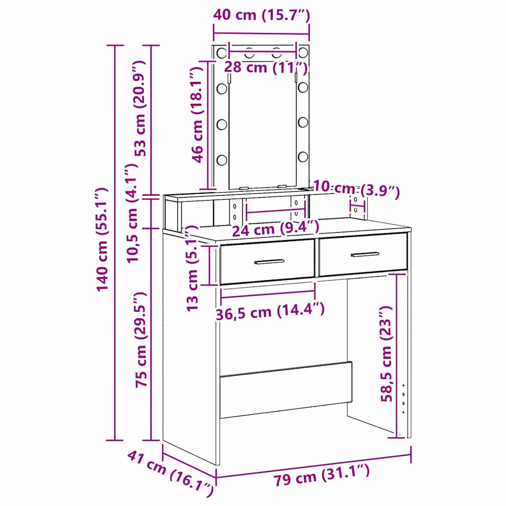 Klædeskab med spejllys Hvid 79 x 41 x 140 cm Konstrueret træ