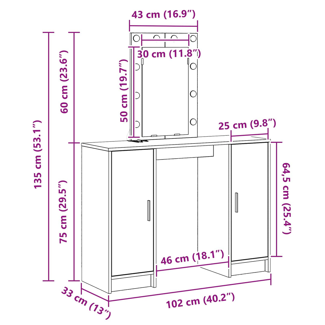 Klædeskab med spejllys Hvid 102 x 33 x 135 cm Konstrueret træ
