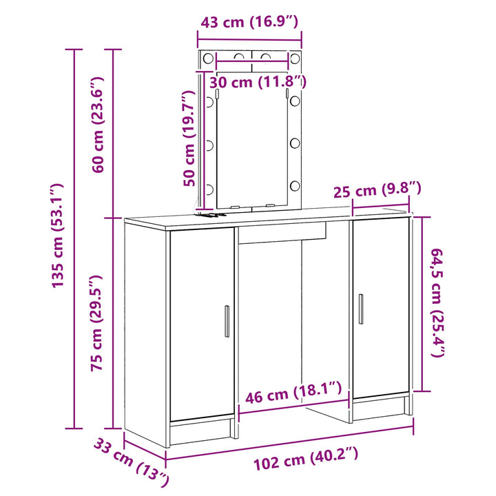 Klædeskab med spejllys Hvid 102 x 33 x 135 cm Konstrueret træ