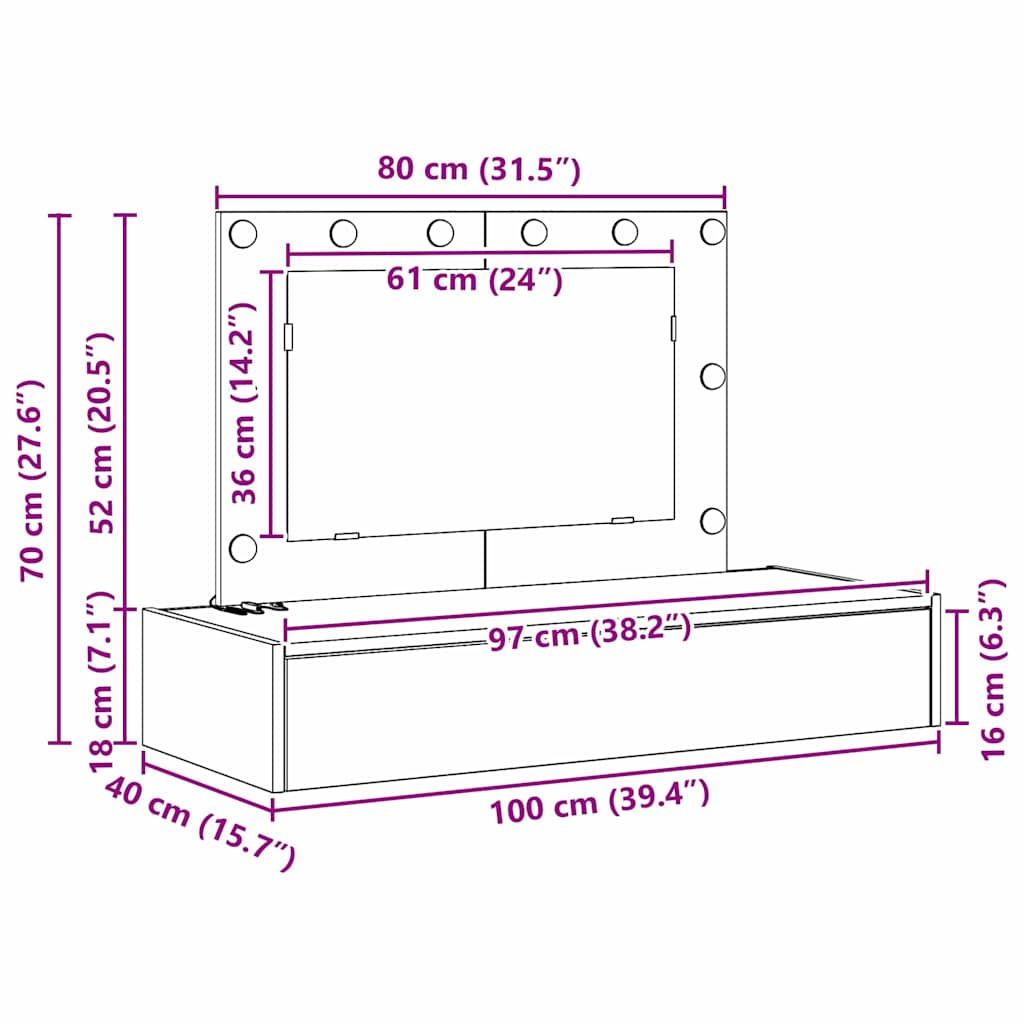 Klædeskab med spejllys Hvid 100 x 40 x 70 cm Konstrueret træ