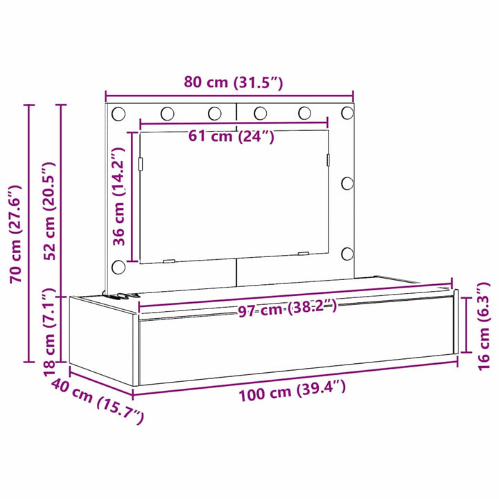 Klædeskab med spejllys Hvid 100 x 40 x 70 cm Konstrueret træ