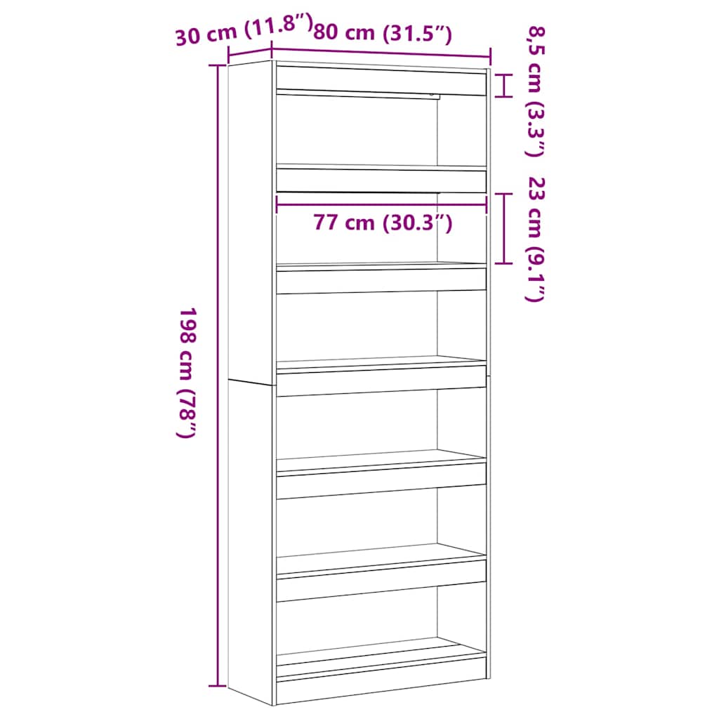 Bogskab 6 niveauer 80 x 30 x 198 cm Konstrueret træ Hvid