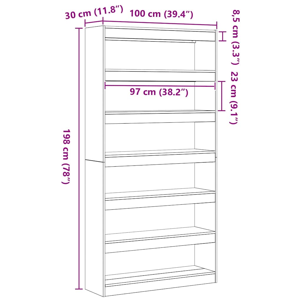 Bogskab 6 niveauer 100 x 30 x 198 cm Konstrueret træ Sonoma eg