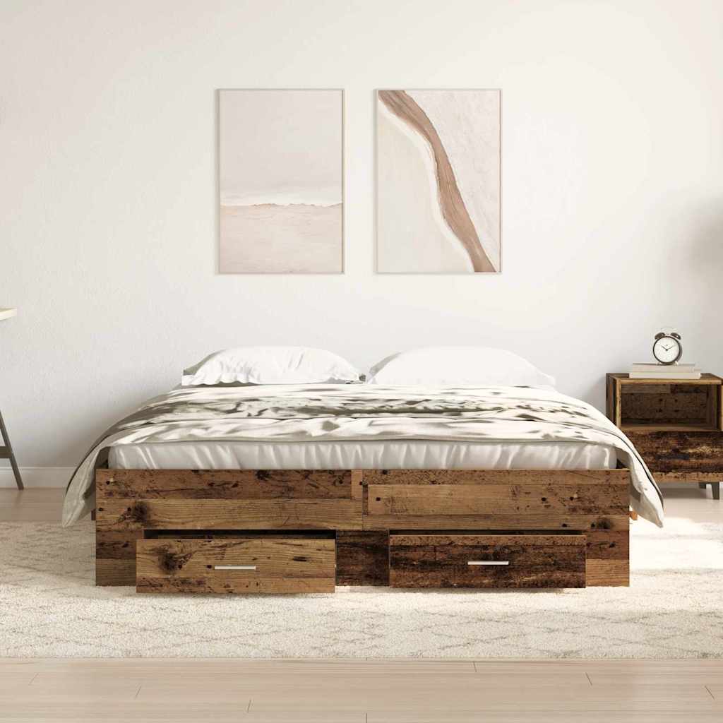 Sengestel med skuffe Gammelt træ 140 x 190 cm Konstrueret træ