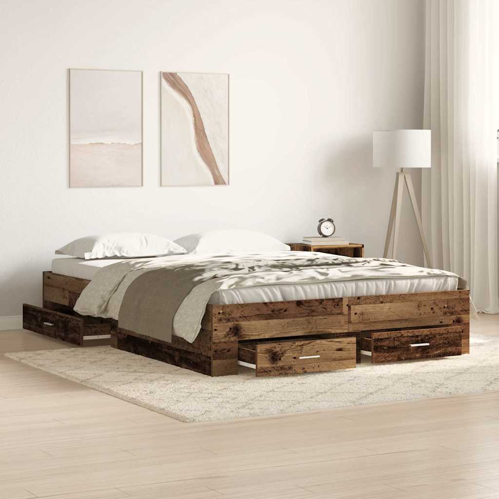 Sengestel med skuffe Gammelt træ 135 x 190 cm Konstrueret træ