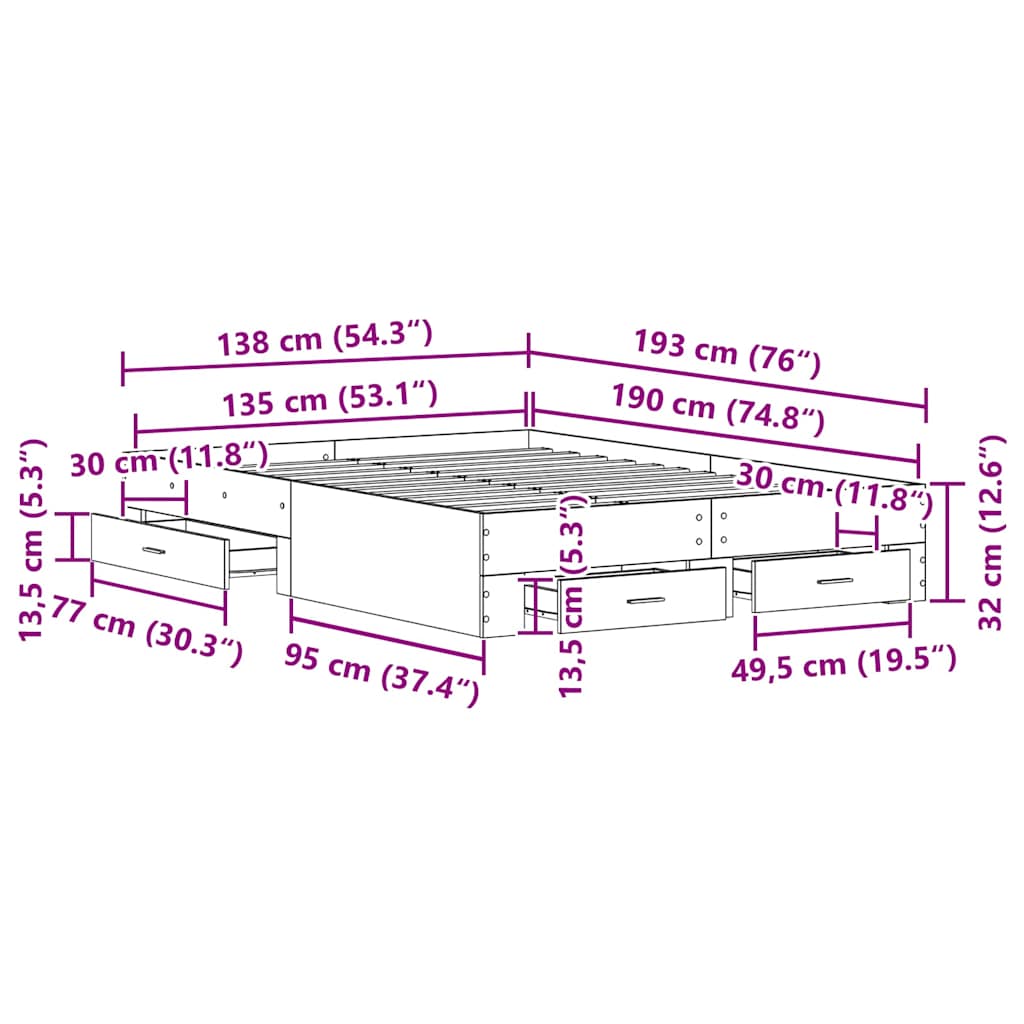 Sengestel med skuffe Gammelt træ 135 x 190 cm Konstrueret træ