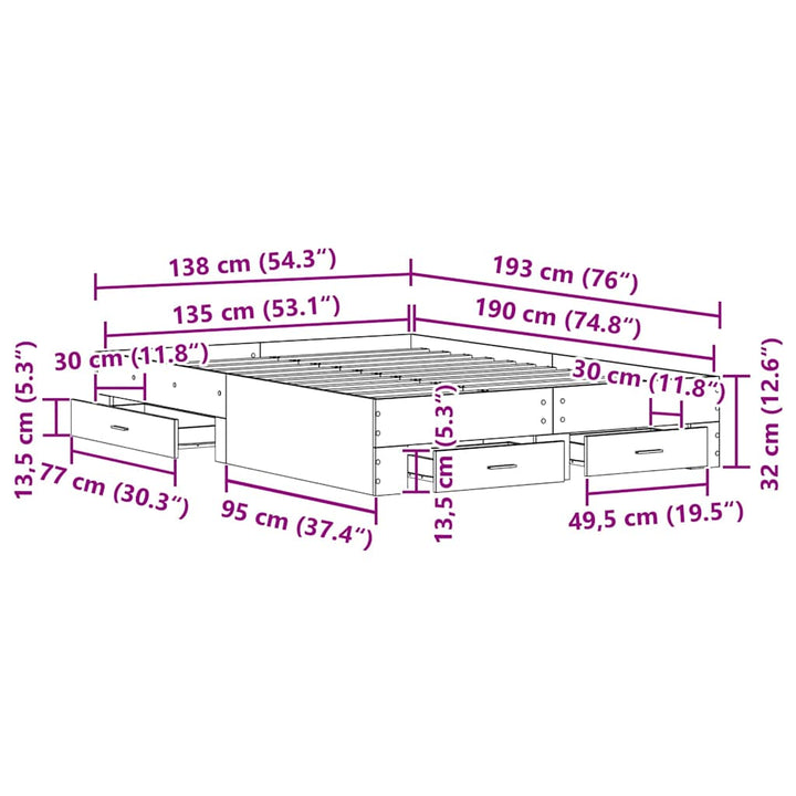 Sengestel med skuffe Sort eg 135 x 190 cm Konstrueret træ