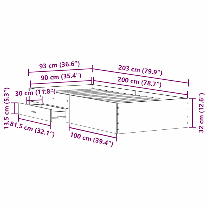 Sengestel med skuffe Sort eg 90 x 200 cm Konstrueret træ