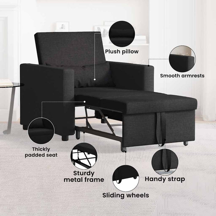 Utrækkelig sovesofa enkelt med hjul Sort 90 x 165 x 87 cm Stof