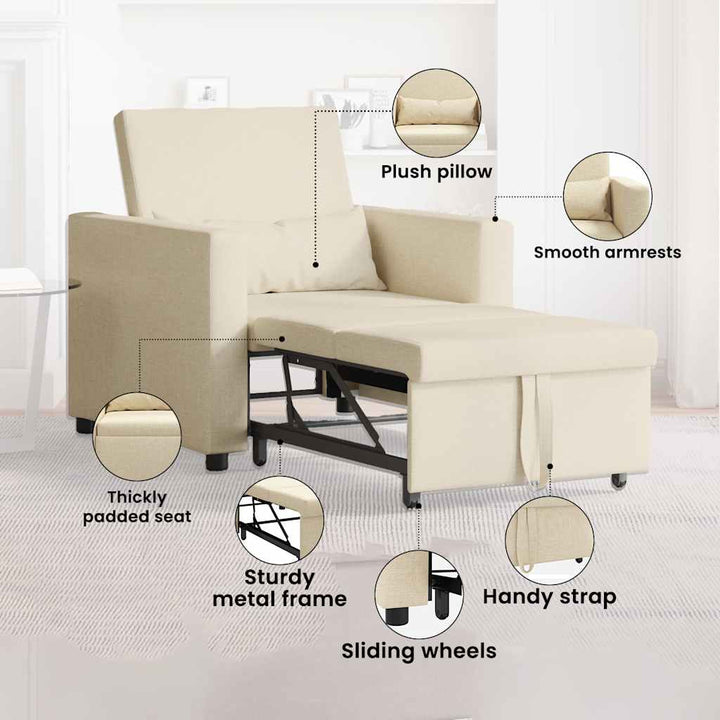 Utrækkelig sovesofa enkelt med hjul Creme 90 x 165 x 87 cm Stof
