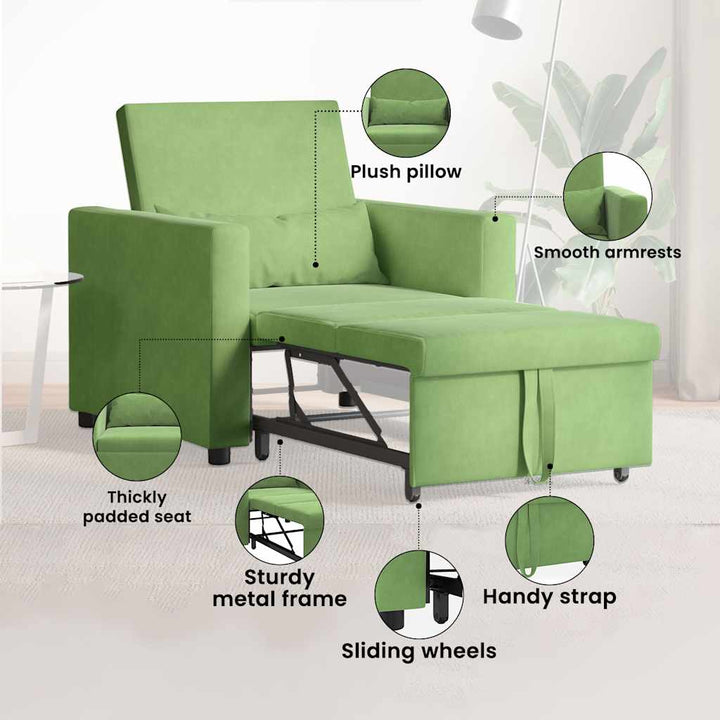 Utrækkelig sovesofa enkelt med hjul Lysegrøn Fløjl