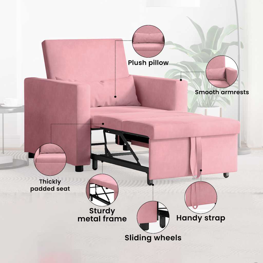 Utrækkelig sovesofa enkelt med hjul Lys pink Fløjl