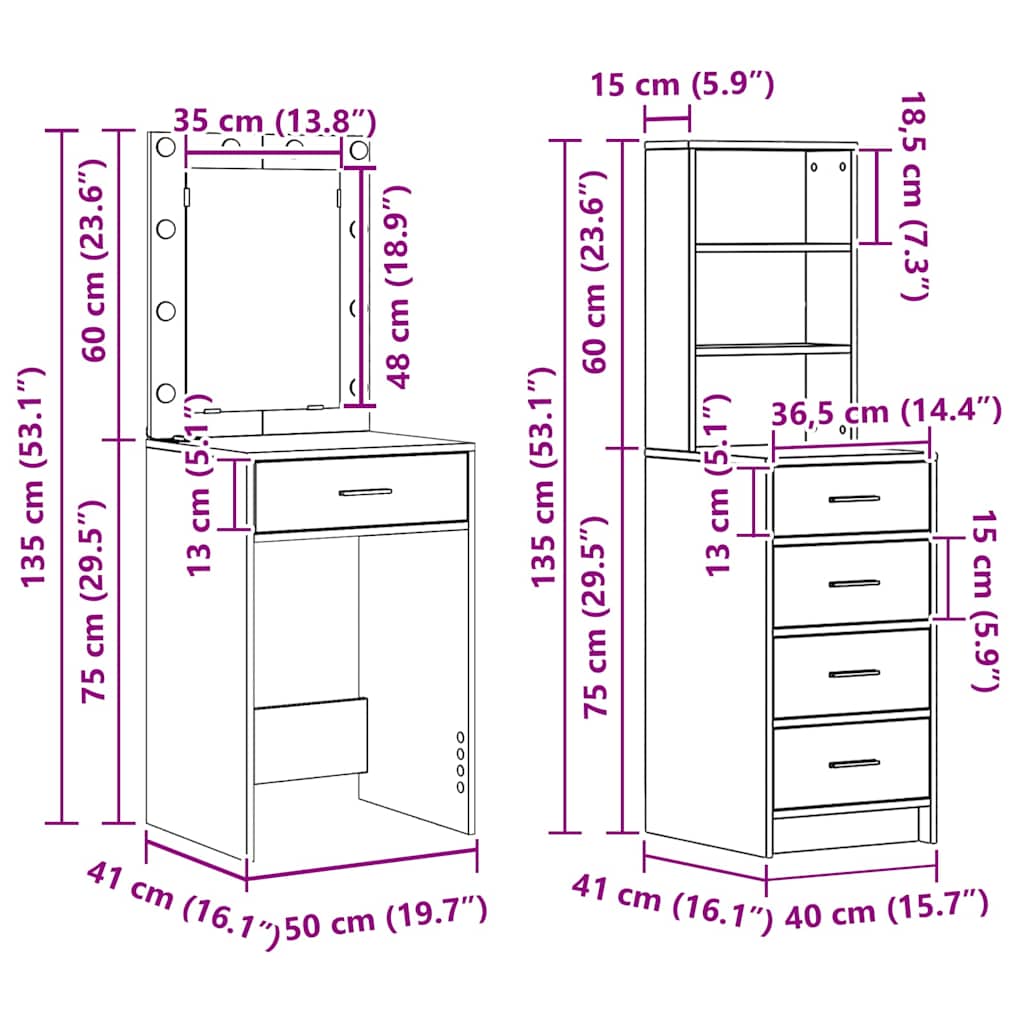 Klædeskab med hylde 2 pcs Hvid 50 x 41 x 135 cm Konstrueret træ