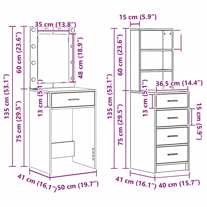 Klædeskab med hylde 2 pcs Brun 50 x 41 x 135 cm Konstrueret træ