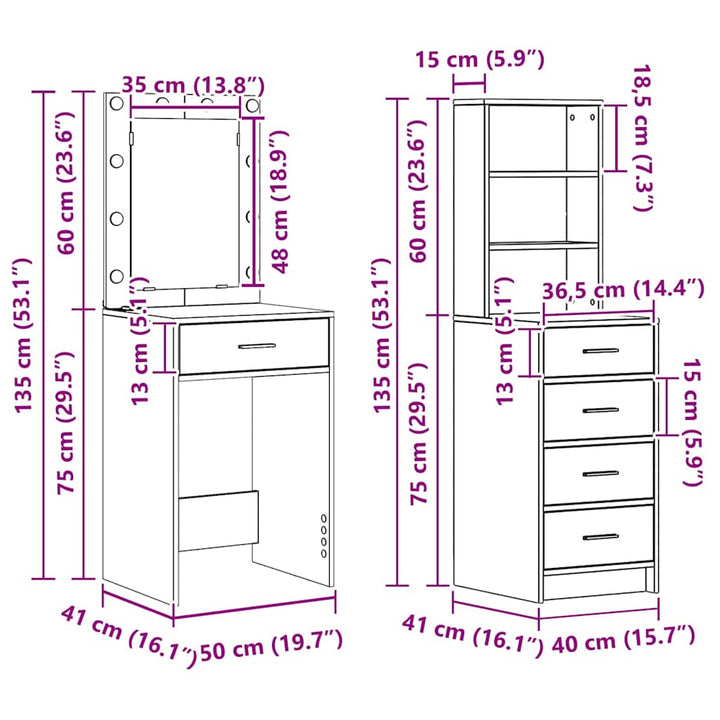 Klædeskab med hylde 2 pcs Brun 50 x 41 x 135 cm Konstrueret træ