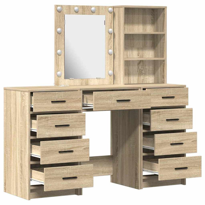 Klædeskab med spejllys med skuffe 3 pcs Brun Konstrueret træ