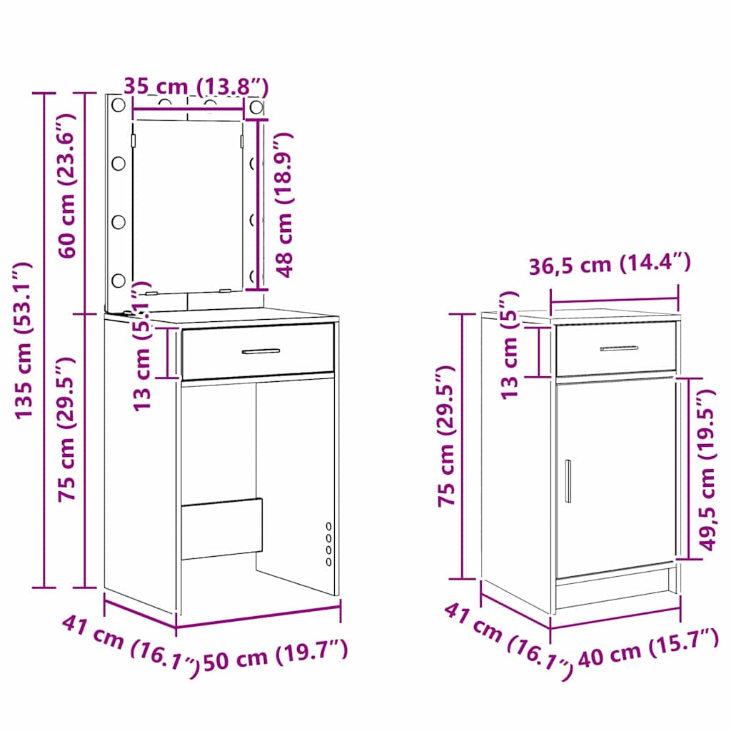 Klædeskab med spejllys Hvid 50 x 41 x 135 cm Konstrueret træ
