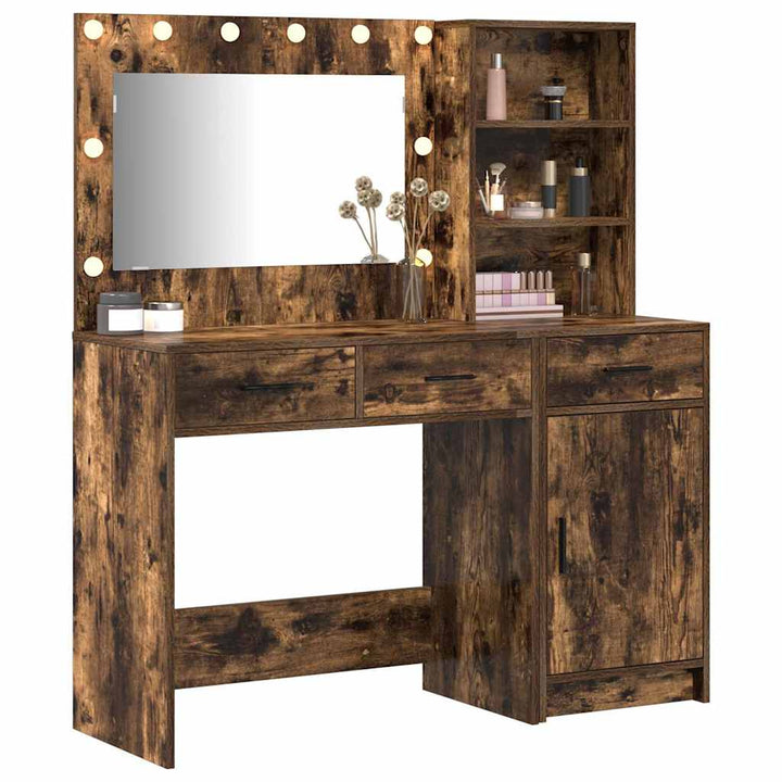 Klædeskab med spejllys med skuffe 2 pcs Brun Konstrueret træ