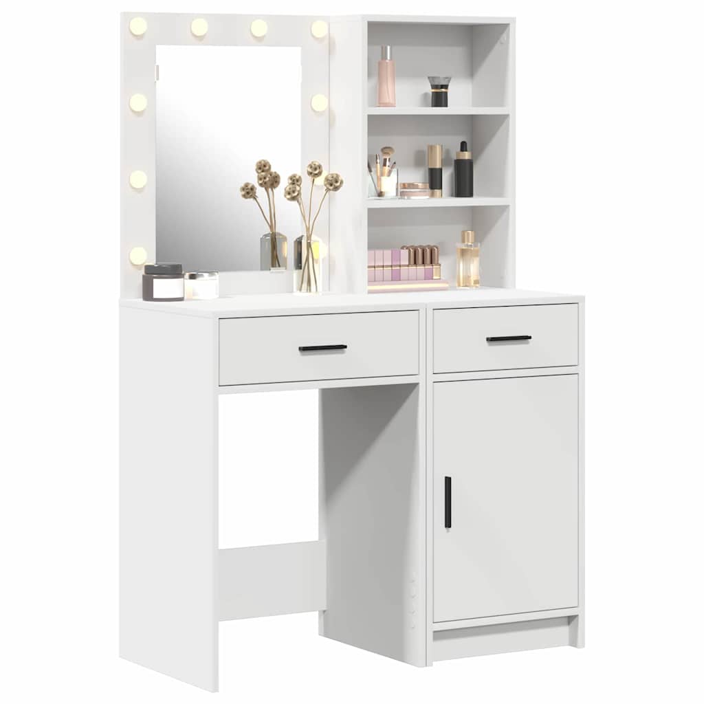 Makeupbord sæt med LED med spejllys 2 pcs Hvid Konstrueret træ