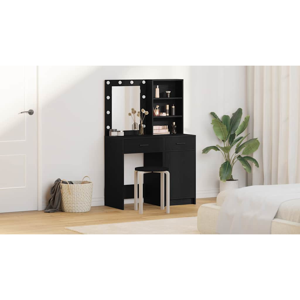 Makeupbord sæt med LED med skuffe 2 pcs Sort eg Konstrueret træ