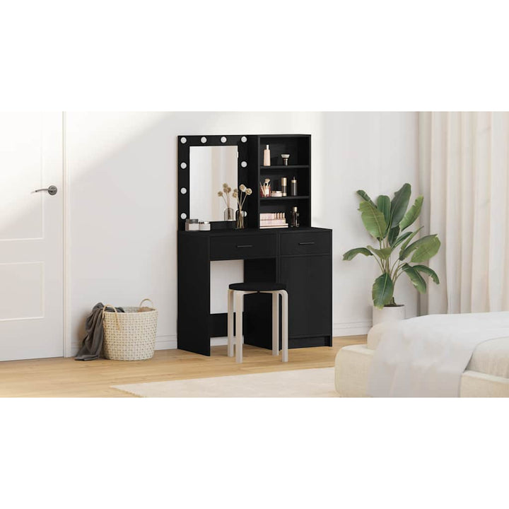 Makeupbord sæt med LED med skuffe 2 pcs Sort eg Konstrueret træ