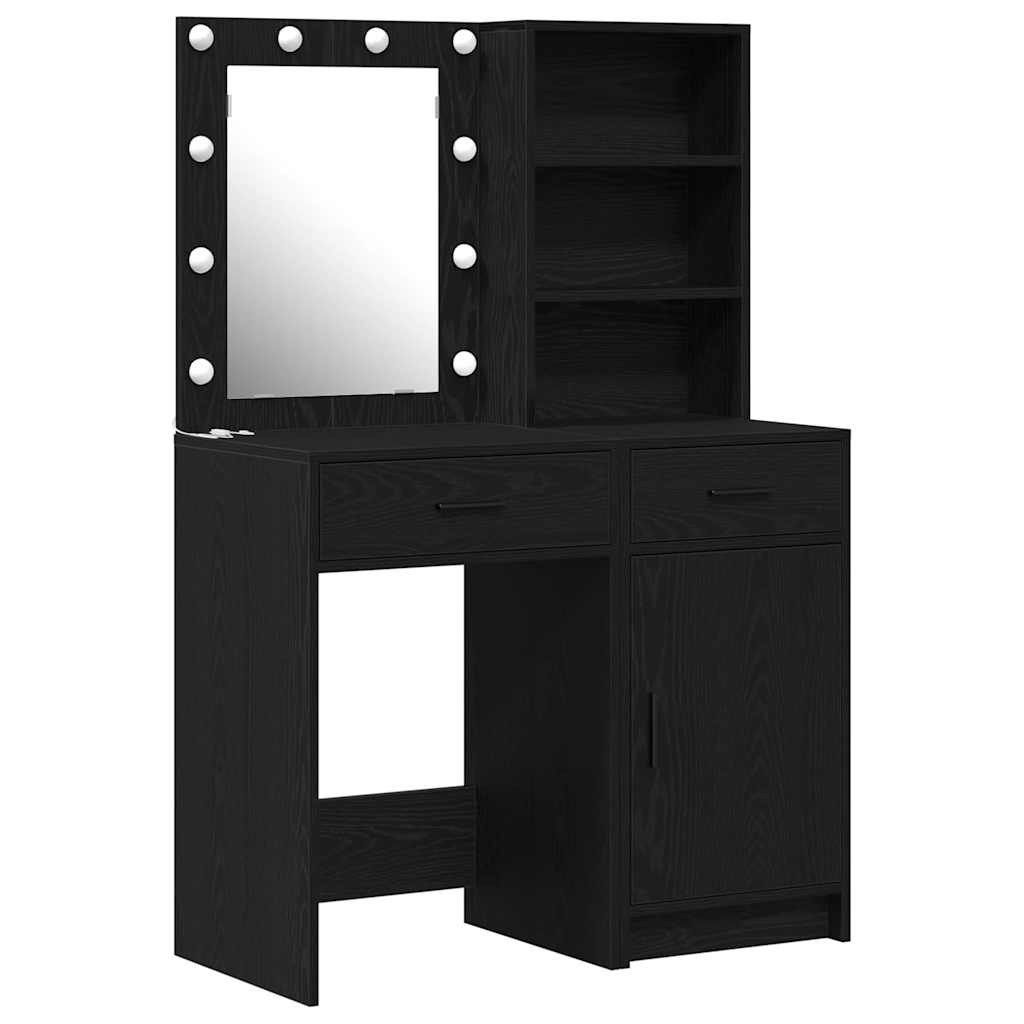 Makeupbord sæt med LED med skuffe 2 pcs Sort eg Konstrueret træ