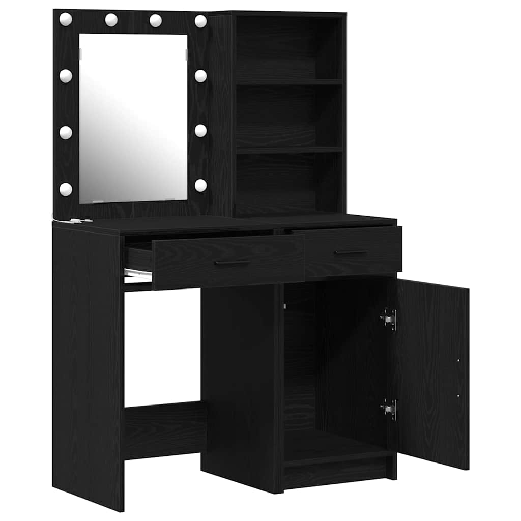 Makeupbord sæt med LED med skuffe 2 pcs Sort eg Konstrueret træ