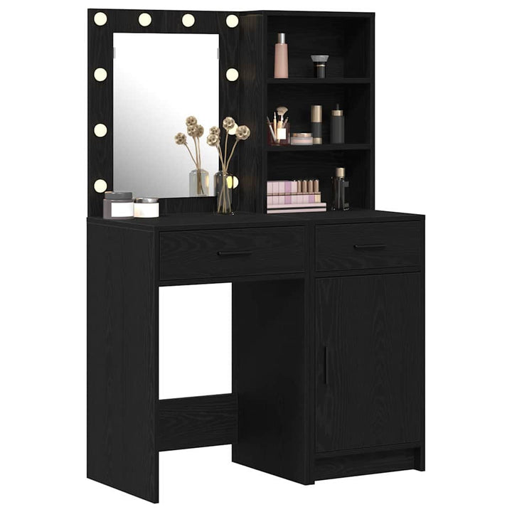 Makeupbord sæt med LED med skuffe 2 pcs Sort eg Konstrueret træ