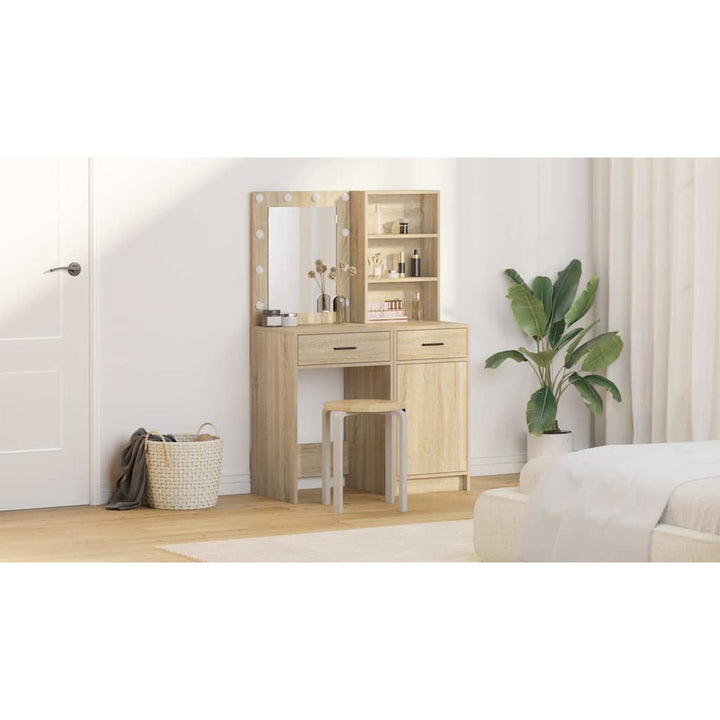 Makeupbord sæt med LED med dør 2 pcs Sonoma eg Konstrueret træ