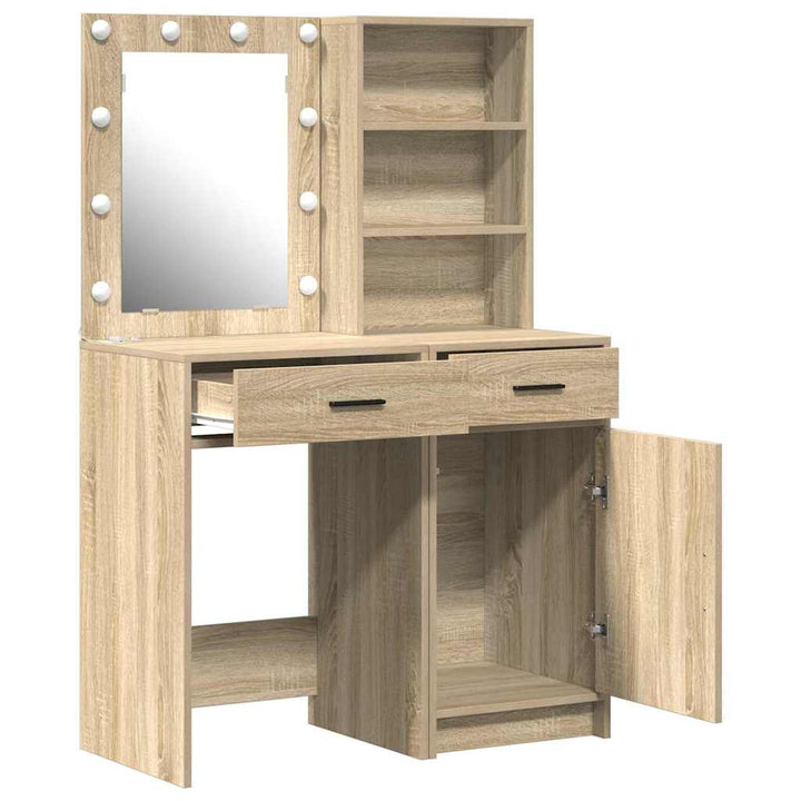 Makeupbord sæt med LED med dør 2 pcs Sonoma eg Konstrueret træ