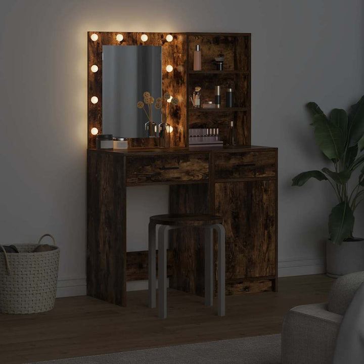 Makeupbord sæt med LED 2 stk. Røget eg Konstrueret træ