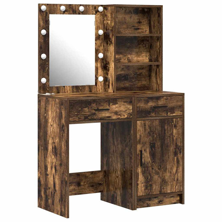 Makeupbord sæt med LED med hylde 2 pcs Røget eg Konstrueret træ